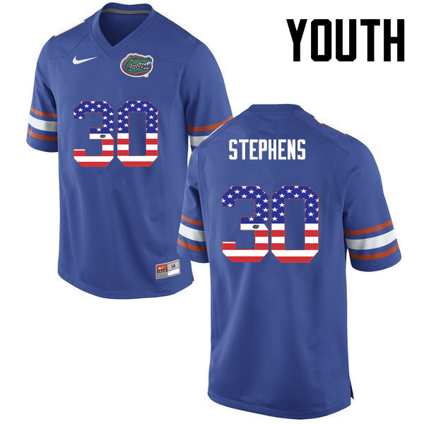 Youth Florida Gators #30 Garrett Stephens College Football USA Flag Fashion Jerseys-Blue - Click Image to Close